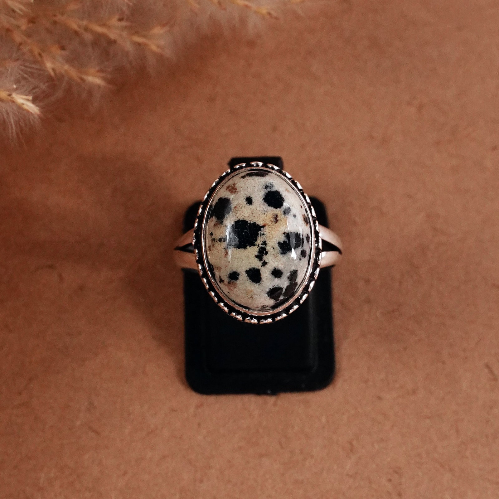Natural Dalmatian Jasper Silver Plated Handmade Ring - 8MM: Product ID: 260510123211 Product - Handmade Silver Plated Ring Metal - 92.5 Sterling Silver Plated Ring Size - 8MM Gemstone - Dalmatian Jasper Gemstone Origin - Mexico Gemstone Size - 12X16 MM Gemston