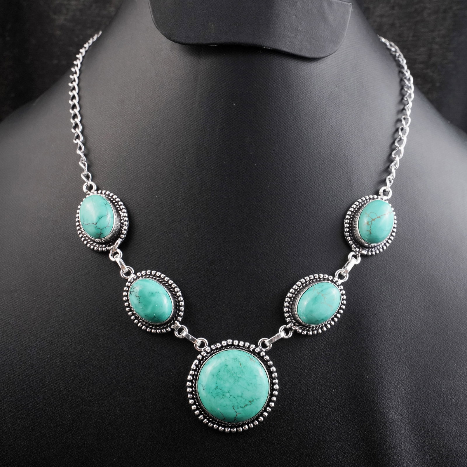 Natural Turquoise Silver Plated Handmade Choker Necklace: Product ID: 260430172610 Product - Handmade Silver Plated Necklace Metal - 92.5 Sterling Silver Plated Necklace Length - 18 Inch Gemstone - Turquoise Gemstone Size - 12X16 MM (4 Stone), 2.5 CM (1 Ston