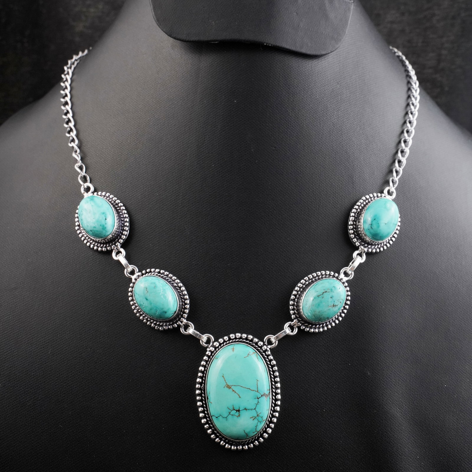 Natural Turquoise Silver Plated Handmade Choker Necklace: Product ID: 260430172720 Product - Handmade Silver Plated Necklace Metal - 92.5 Sterling Silver Plated Necklace Length - 18 Inch Gemstone - Turquoise Gemstone Size - 12X16 MM (4 Stone), 3X2 CM (1 Ston