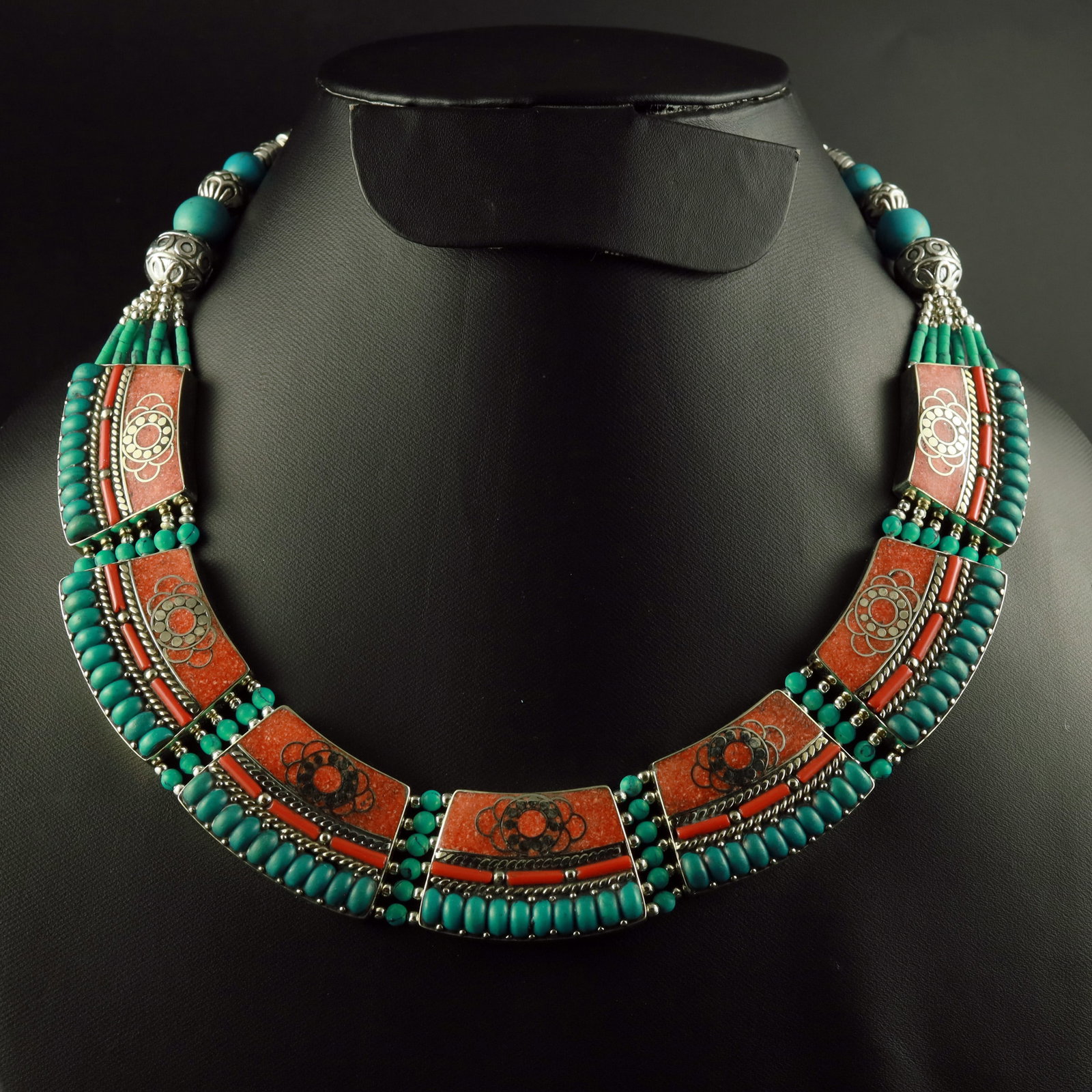 Tibetan Natural Turquoise & Coral Handmade Choker Necklace (1 of 3)