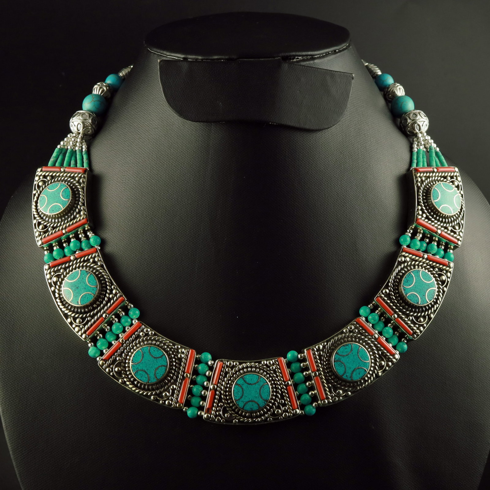 Tibetan Natural Turquoise & Coral Handmade Choker Necklace: Product ID: 260518172003 Product - Tibetan Handmade Necklace Gemstone - Natural Turquoise & Coral Necklace Length - 18 Inch Necklace Weight - 150 Gram Approx Metal - Brass & Copper mix Metal Origin - 