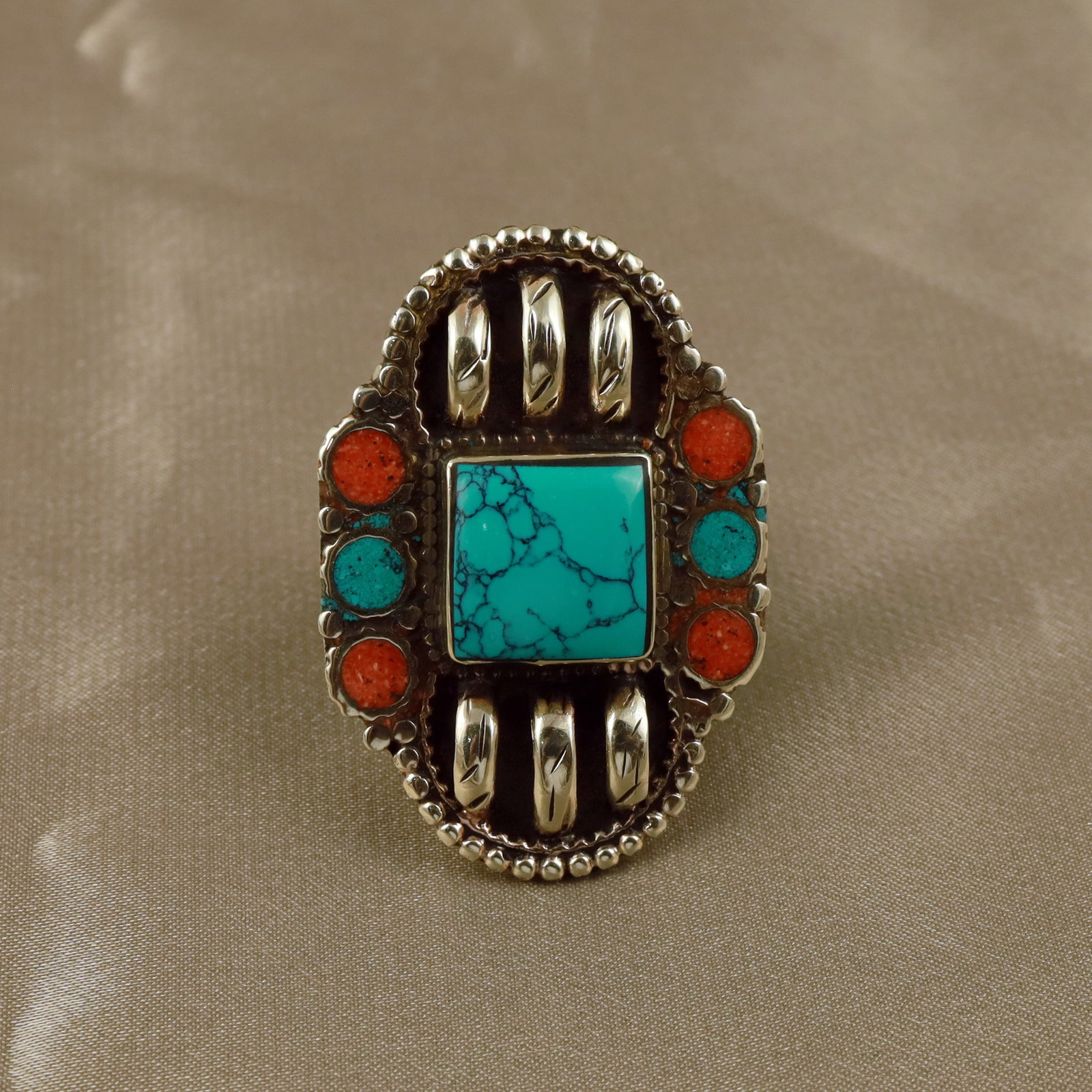 Tibetan Turquoise & Coral Handmade Boho Ring - Free Size: Product ID: 260512153934 Product - Tibetan Natural Handmade Ring Ring Size - Free Size Ring Weight - 17 Gram Gemstone - Natural Turquoise & Coral Metal - Brass & Copper mix Metal Origin - Nepal Countr