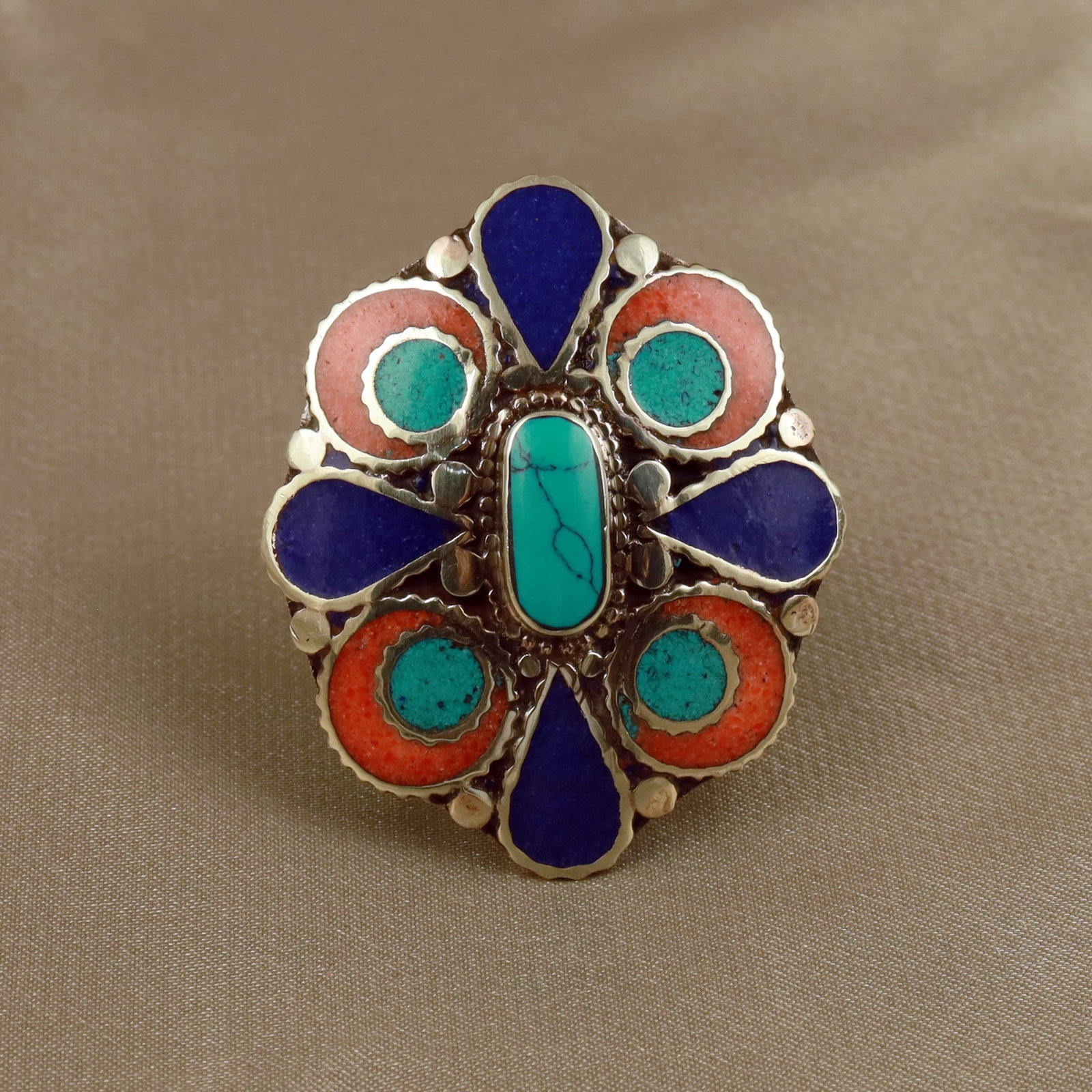 Tibetan Turquoise & Coral & Lapis Handmade Ring - Free Size: Product ID: 260512152308 Product - Tibetan Natural Handmade Ring Ring Size - Free Size Ring Weight - 17 Gram Gemstone - Natural Turquoise & Coral & Lapis Metal - Brass & Copper mix Metal Origin - Nepa