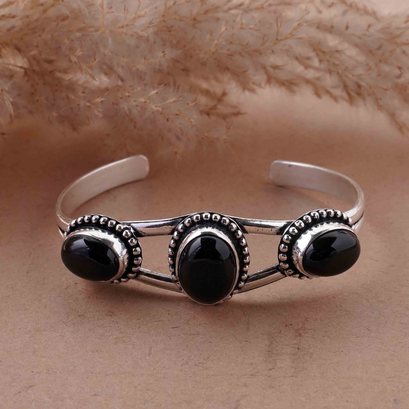 Natural Black Onyx Silver Plated Handmade Cuff Bangle: Product ID: 260429151356 Product - Handmade Silver Plated Cuff Bangle Metal - 92.5 Sterling Silver Plated Bangle Size - 6.5x4.5 CM (Adjustable) Gemstone - Black Onyx Gemstone Origin - India Gemstone S