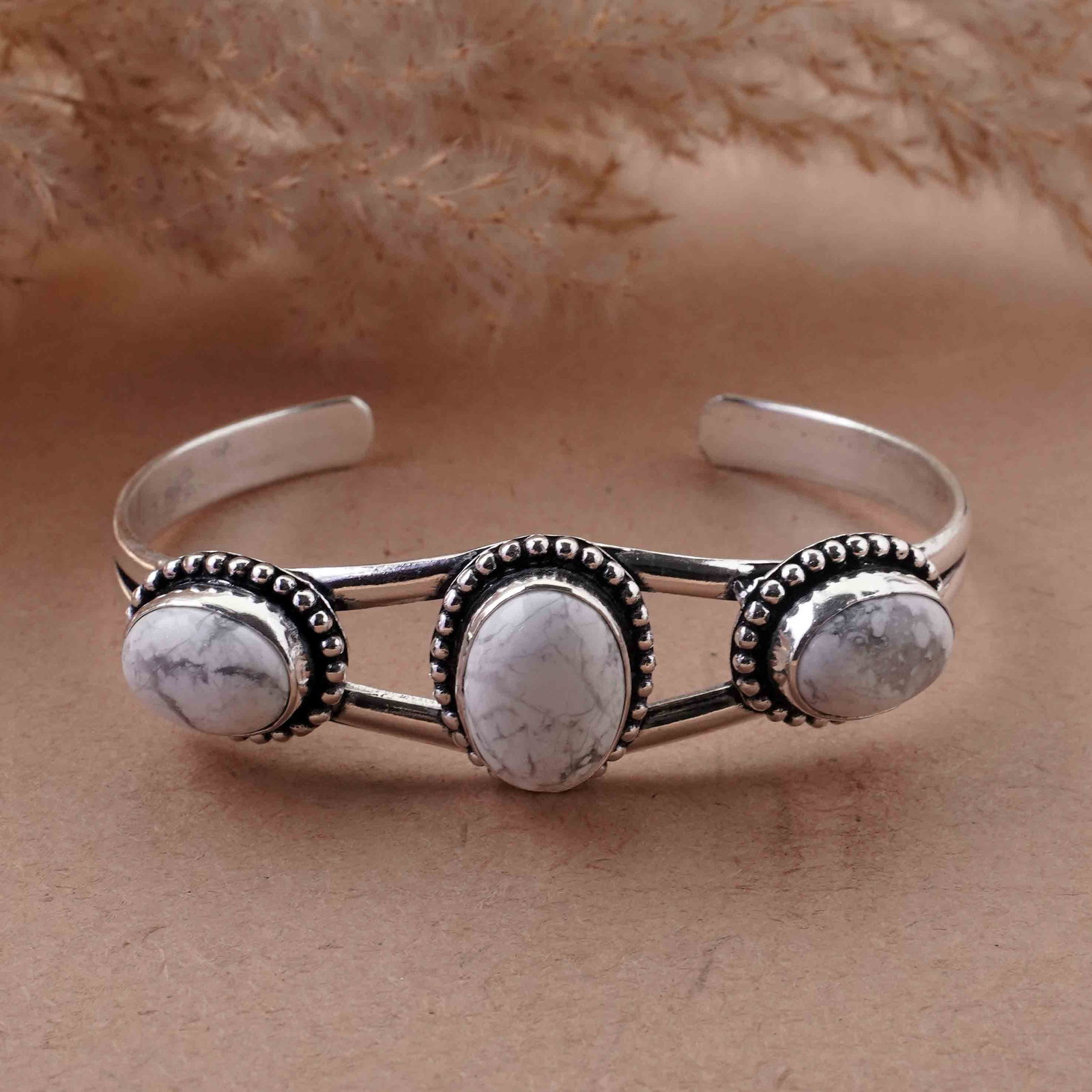 Natural Howlite Silver Plated Handmade Cuff Bangle: Product ID: 260429145244 Product - Handmade Silver Plated Cuff Bangle Metal - 92.5 Sterling Silver Plated Bangle Size - 6.5x4.5 CM (Adjustable) Gemstone - Howlite Gemstone Origin - Canada Gemstone Siz