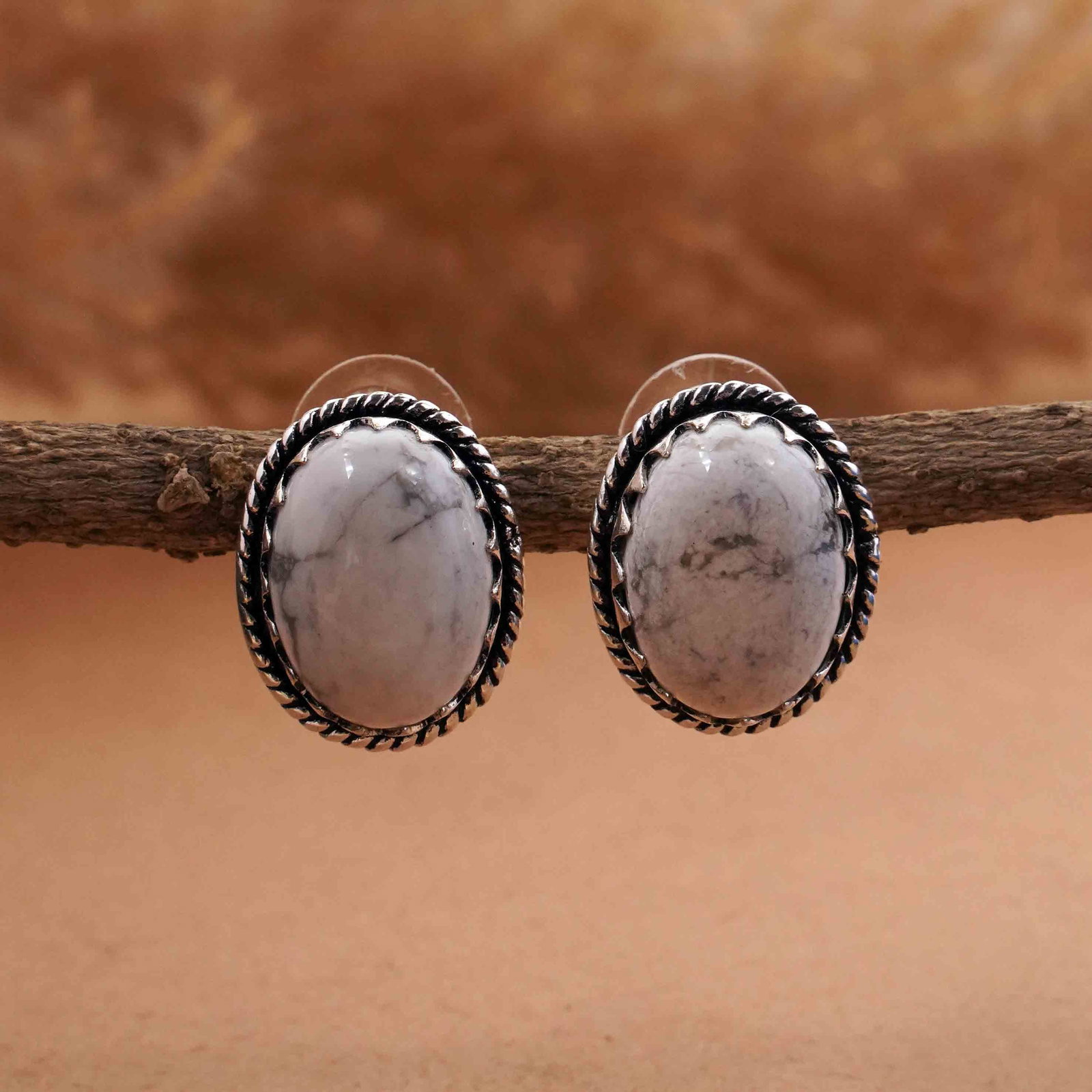 Natural Howlite Silver Plated Handmade Stud Earring: Product ID: 260413110744 Product - Handmade Silver Plated Stud Earring Metal - 92.5 Sterling Silver Plated Earring Type - Stud Gemstone - Howlite Gemstone Origin - Canada Gemstone Size - 12X16 MM ( 2 