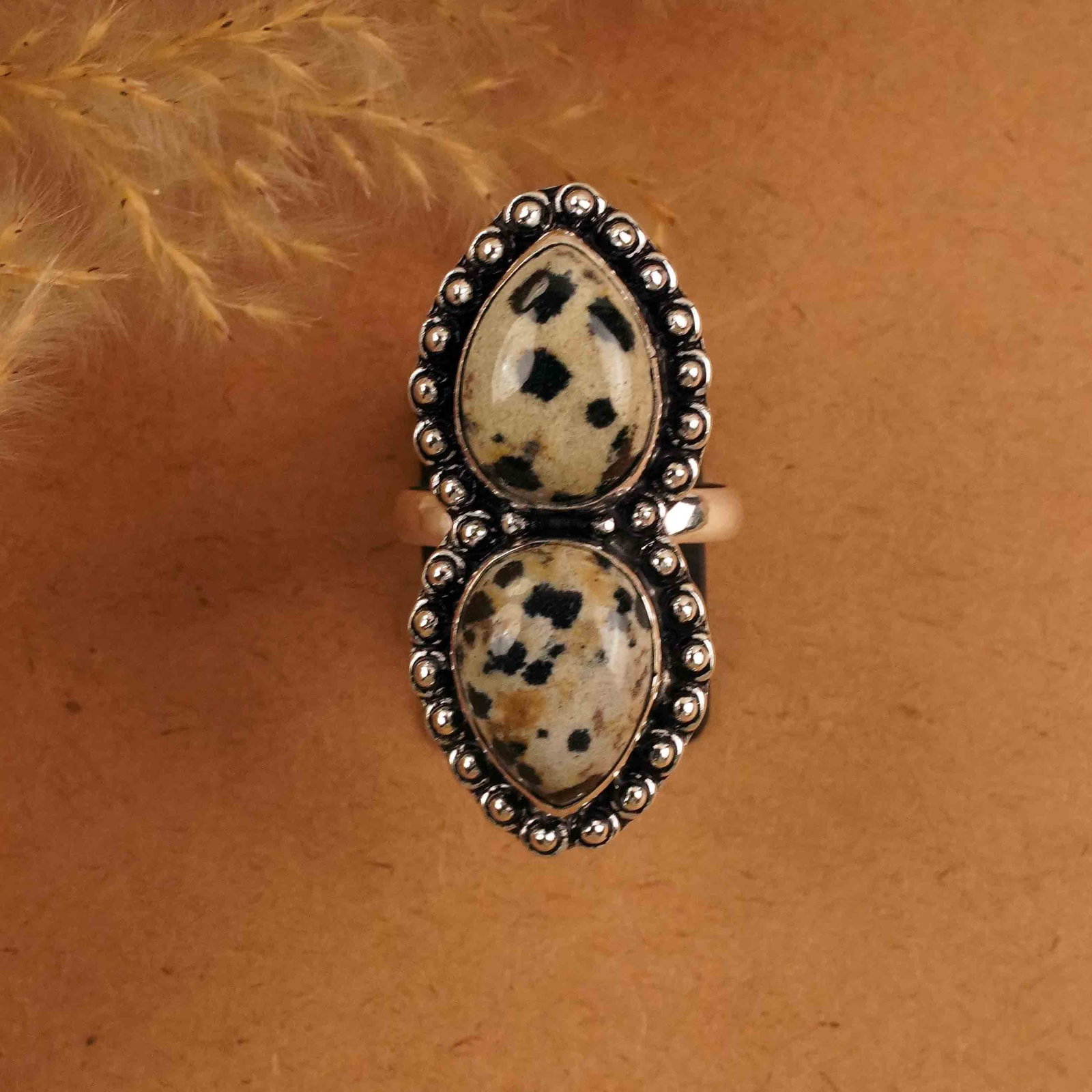 Natural Dalmatian Jasper Silver Plated Handmade Ring - 10MM: Product ID: 260412152823 Product - Handmade Silver Plated Ring Metal - 92.5 Sterling Silver Plated Ring Size - 10MM Gemstone - Dalmatian Gemstone Origin - Mexico Gemstone Size - 12X16 MM ( 2 Stone ) G