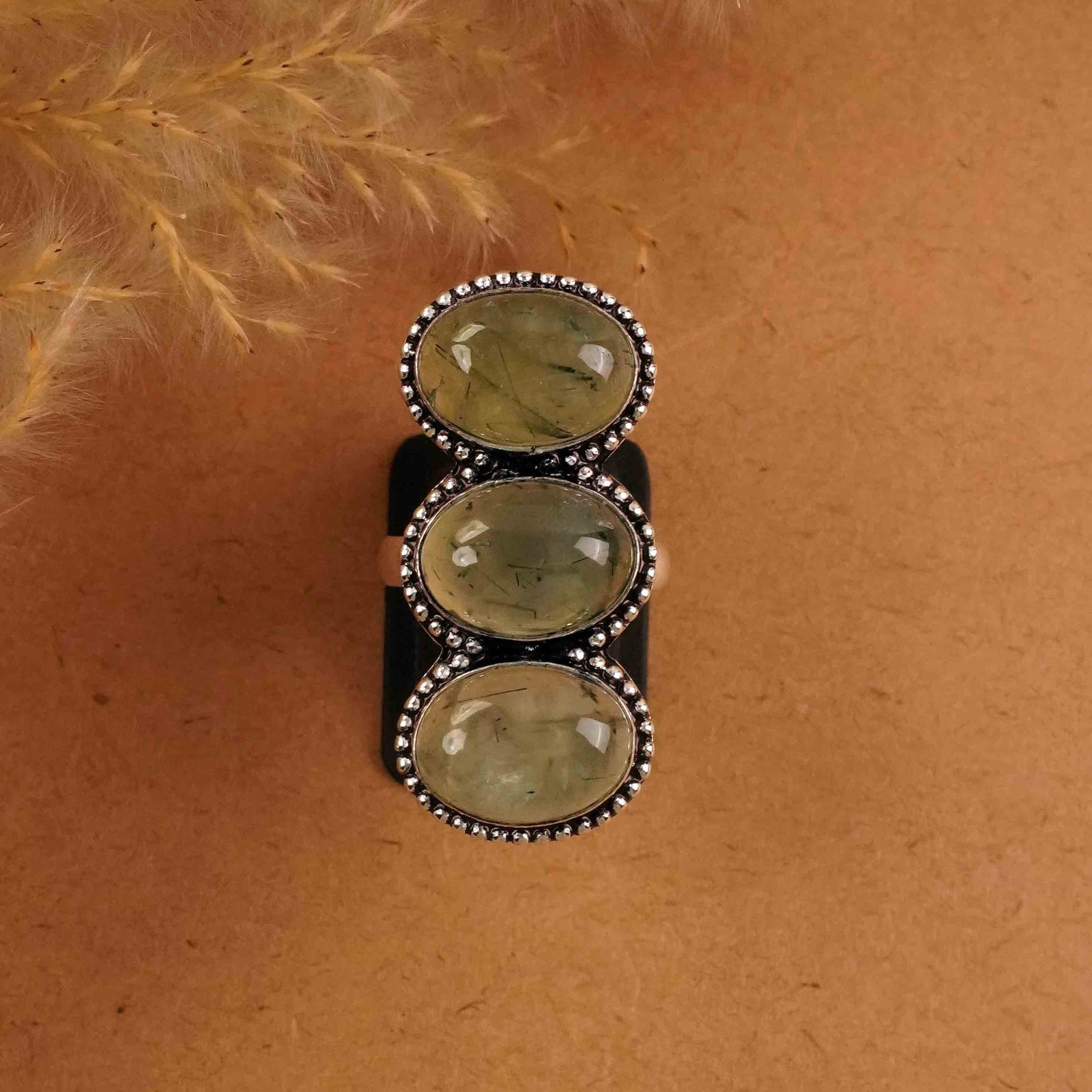 Natural Prehnite Silver Plated Handmade Ring - 7.5MM: Product ID: 260412152006 Product - Handmade Silver Plated Ring Metal - 92.5 Sterling Silver Plated Ring Size - 7.5MM Gemstone - Prehnite Gemstone Origin - South Africa Gemstone Size - 10X14 MM ( 3 Sto