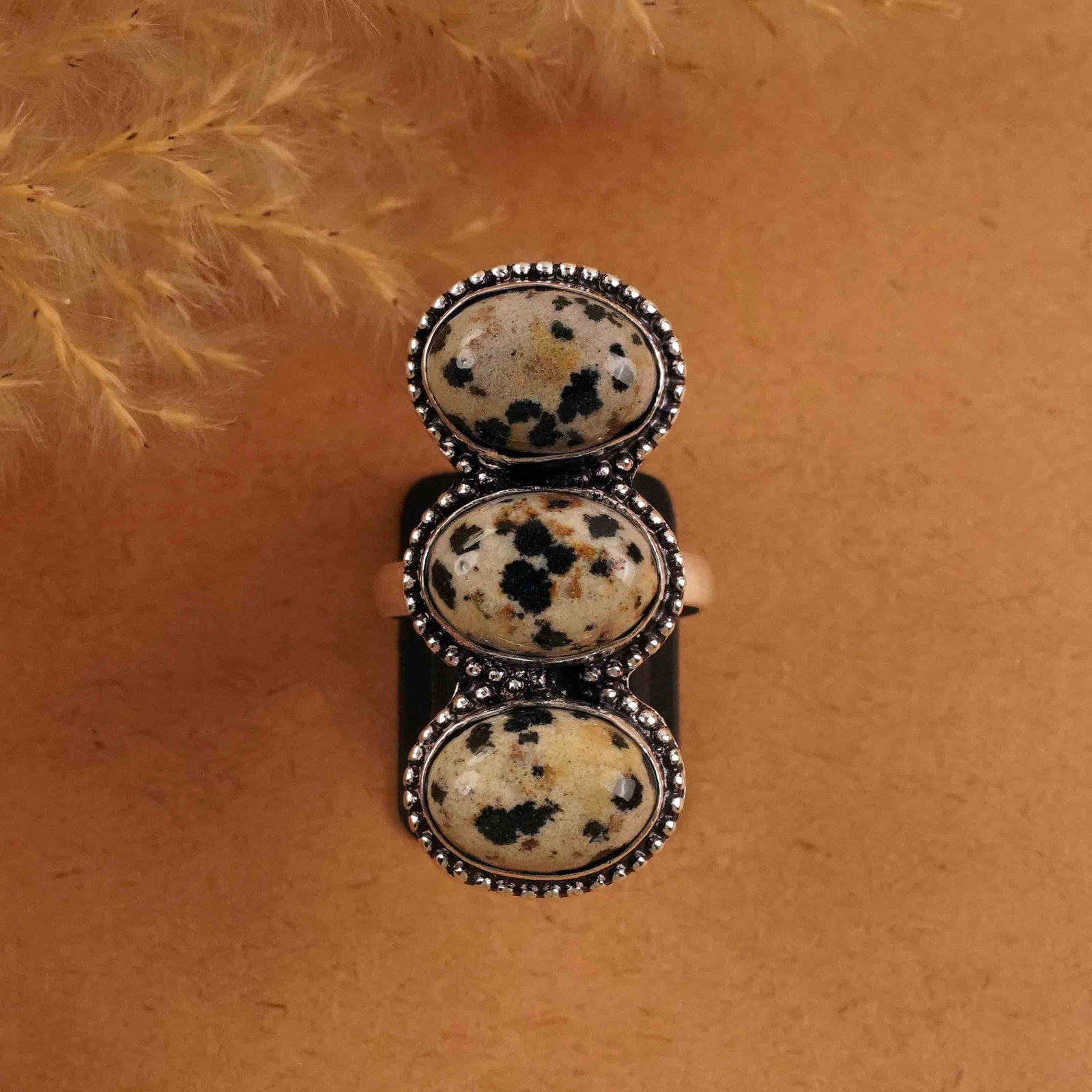 Natural Dalmatian Jasper Silver Plated Handmade Ring - 9.5MM: Product ID: 260412151850 Product - Handmade Silver Plated Ring Metal - 92.5 Sterling Silver Plated Ring Size - 9.5MM Gemstone - Dalmatian Gemstone Origin - Mexico Gemstone Size - 10X14 MM ( 3 Stone ) 