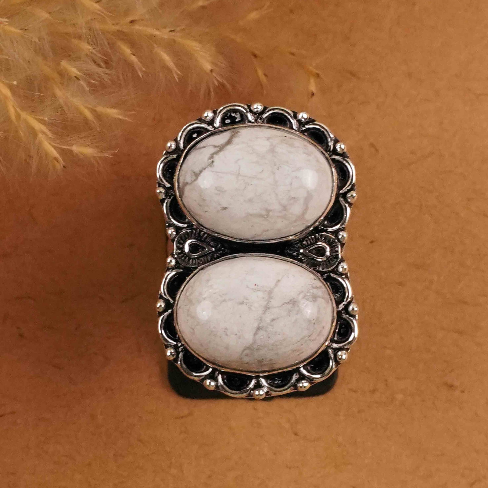 Natural Howlite Silver Plated Handmade Ring - 6MM: Product ID: 260412144303 Product - Handmade Silver Plated Ring Metal - 92.5 Sterling Silver Plated Ring Size - 6MM Gemstone - Howlite Gemstone Origin - Canada Gemstone Size - 12X16 MM ( 2 Stone ) Gems
