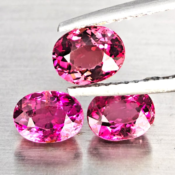 Natural Pink Tourmaline Gemstones 2.29 Ct. 3 Pcs. Oval Shape: Product ID: 807251398 Product Name: Natural Tourmaline Weight: 2.29 CT. Size: 6.4 x 5.1 x 4 to 6.1 x 4.6 x 3.8 MM. Shape: Oval Shape Color: Pink Clarity:SI1 Luster: Good Gems Origin: Nigeria Treatment