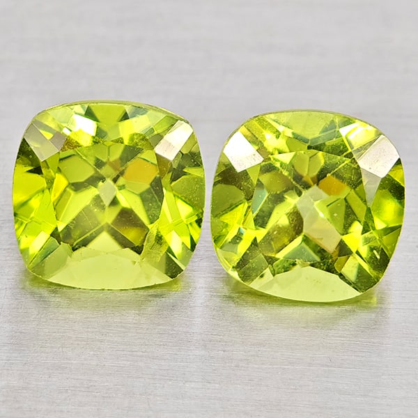 Natural Green Peridot Gemstones 1.92 Ct. 2 Pcs. Cushion Shape 6 Mm.: Product ID: 805317387 Product Name: Natural Peridot Weight: 1.92 CT. Size: 6 x 6 x 4 MM. Shape: Cushion Shape Color: Green Clarity:VSI - SI1 Luster: Good Gems Origin: Pakistan Treatment: Unheated Crys