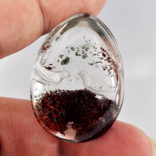 Natural Moss Quartz Gemstones 100.00 Ct. Birds Carving Inner Pear Cabochon 37 x 27 Mm.: Product ID: 805527071 Product Name: Natural Quartz Weight: 100.00 CT. Size: 37 x 27 x 15 MM. Shape: Pear Cabochon Color: White Clarity:Semi - Transparent Luster: Good Gems Origin: Thailand Treatment: 