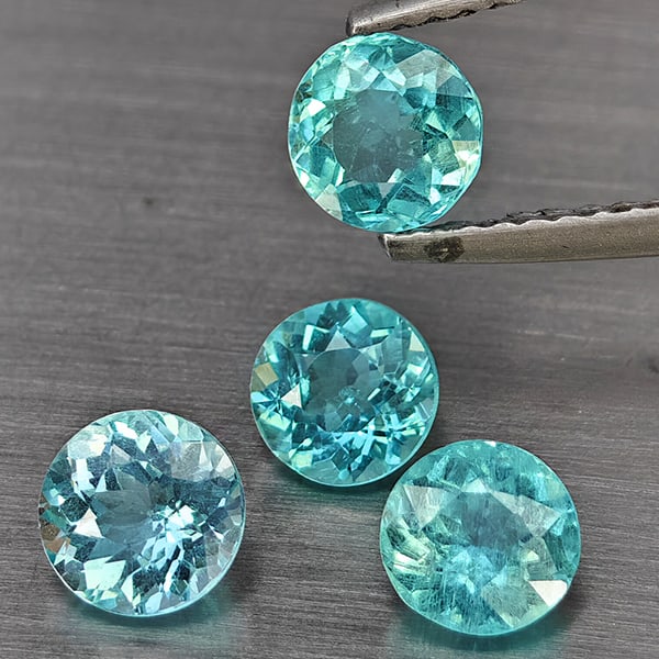 Natural Paraiba Color Apatite Gemstones 2.15 Ct. 4 Pcs. Round Shape 4.9 Mm.: Product ID: 800613736 Product Name: Natural Apatite Weight: 2.15 CT. Size: 4.9 x 4.9 x 3.1 MM. Shape: Round Color: Paraiba Color Clarity:SI1 Luster: Good Gems Origin: Tanzania Treatment: Unheated Crys