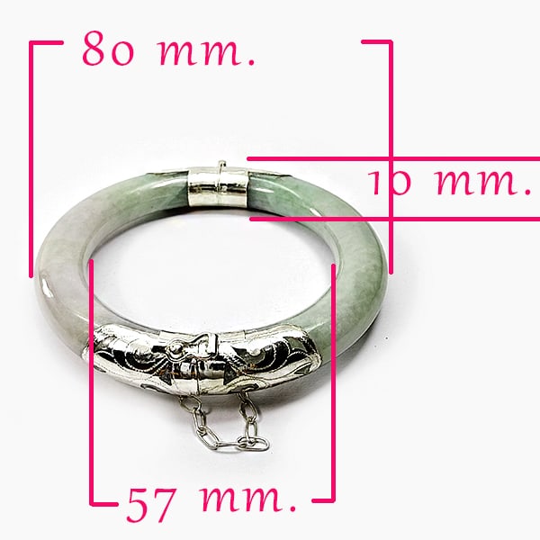 Natural Green Jade Gemstones Bangle 363.98 Ct. Diameter 57 Mm. with Silver: Product ID: 818102579 Product Name: Natural Gemstones Weight: 363.98 CT. Size: 80 x 57 x 10 MM. Shape: Round Cabochon Color: Green White Clarity:Opaque Luster: Good Gems Origin: Burma Treatment: Unhea