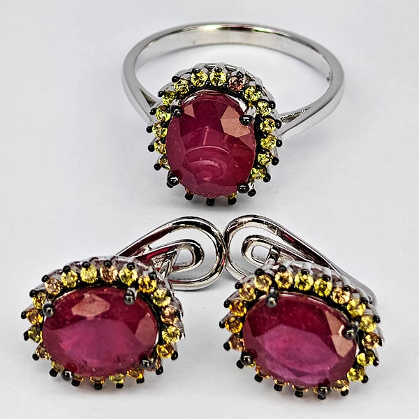 Natural Red Ruby with 925 Sterling Silver Jewelry Set 9.14 Grams Earring and Ring Size 8 (1 of 3)