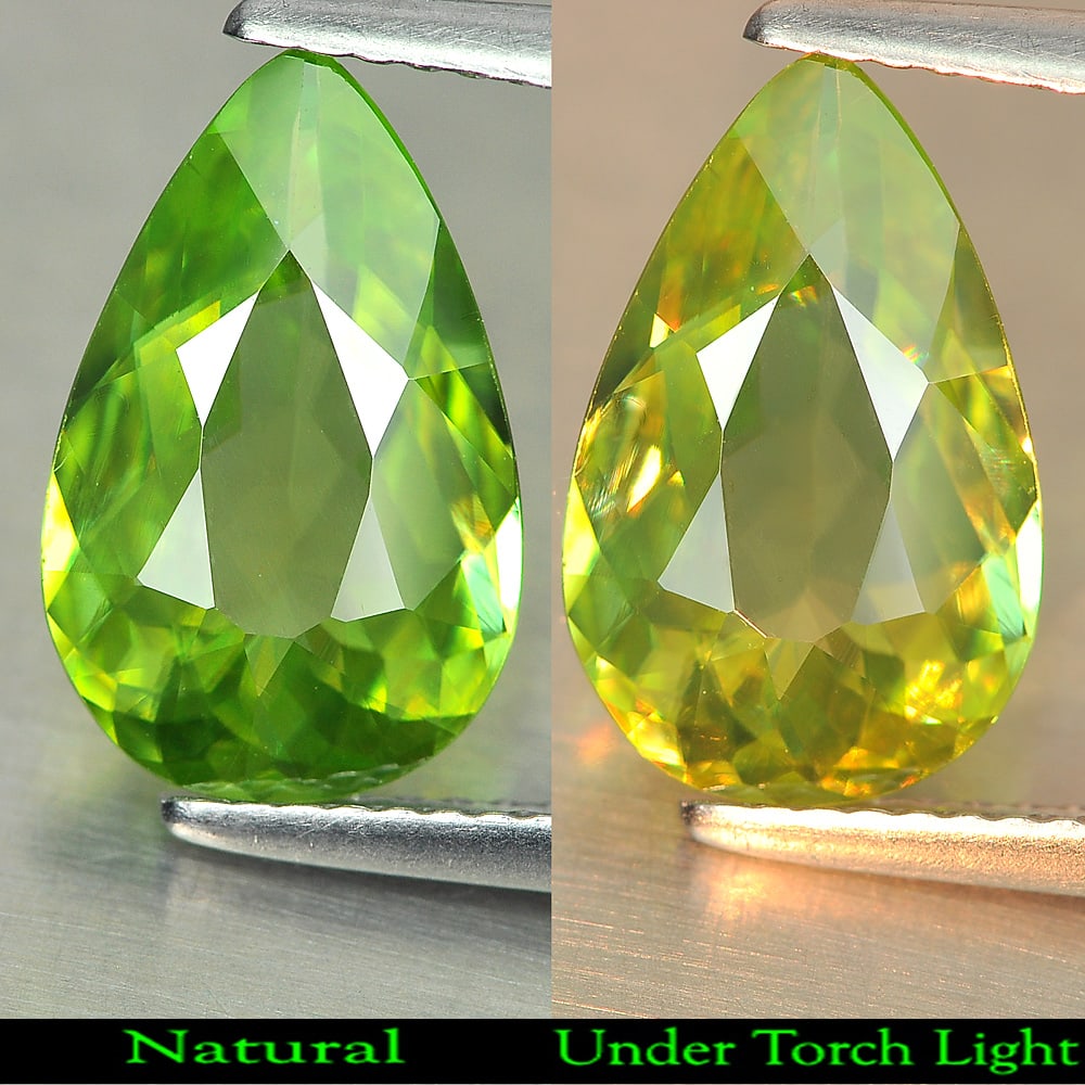 Natural Greenish Yellow Sphene Gemstones Rainbow Spark 2.79 Ct. Pear Shape 13.3 x 8.4 Mm.: Product ID: 806507760 Product Name: Natural Sphene Weight: 2.79 CT. Size: 13.3 x 8.4 x 3.6 MM. Shape: Pear Color: Yellow With Rainbow Spark Clarity:VSI Luster: Good Gems Origin: Madagascar Treatment: 