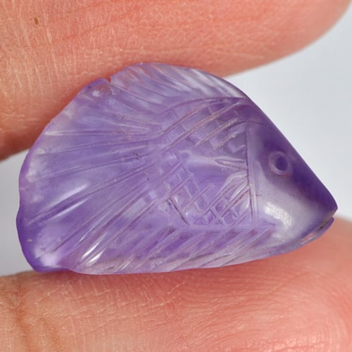 Natural Violet Amethyst Gemstones 7.48 Ct. Fish Carving 18.4 x 11.6 Mm.: Product ID: 810303043 Product Name: Natural Amethyst Weight: 7.48 CT. Size: 18.4 x 11.6 x 6.5 MM. Shape: Fish Carving Color: Violet Clarity:Semi - Transparent Luster: Good Gems Origin: Brazil Treatmen