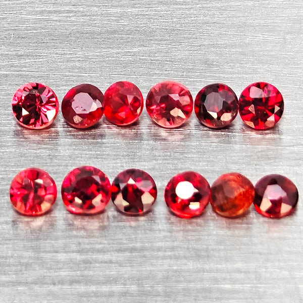 Natural Orangish Red Songea Sapphire Gemstones 0.81 Ct. 12 Pcs. Round Diamond Cut 2.1 Mm.: Product ID: 806162836 Product Name: Natural Red Sapphire Weight: 0.81 CT. Size: 2.1 x 2.1 x 1.4 MM. Shape: Round Diamond Cut Color: Orangish Red Clarity:SI1 Luster: Good Gems Origin: Tanzania Treatmen