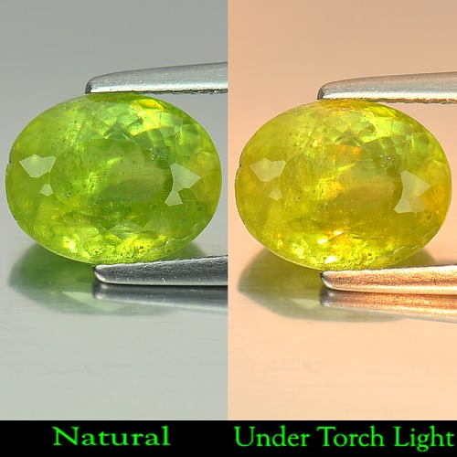 Natural Intense Green Titanium Sphene Gemstones Red Spark 3.27 Ct. Oval Shape 10.1 x 8 Mm.: Product ID: 806504570 Product Name: Natural Sphene Weight: 3.27 CT. Size: 10.1 x 8 x 5 MM. Shape: Oval Color: Intense Green With Red Spark Clarity:VSI - SI Luster: Adamantine Gems Origin: Madagascar T