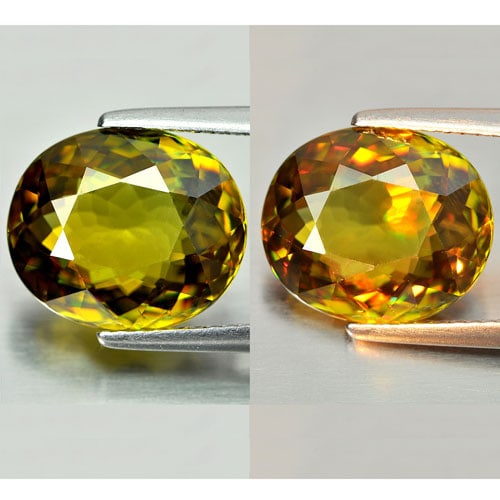 Natural Multi-Color Sphene Gemstones With Rainbow Spark 5.77 Ct. Oval Shape 12.5 x 10.6 Mm.: Product ID: 806507989 Product Name: Natural Sphene Weight: 5.77 CT. Size: 12.5 x 10.6 x 5.3 MM. Shape: Oval Color: Multi-Color Clarity:VSI Luster: Adamantine Gems Origin: Madagascar Treatment: Unheate