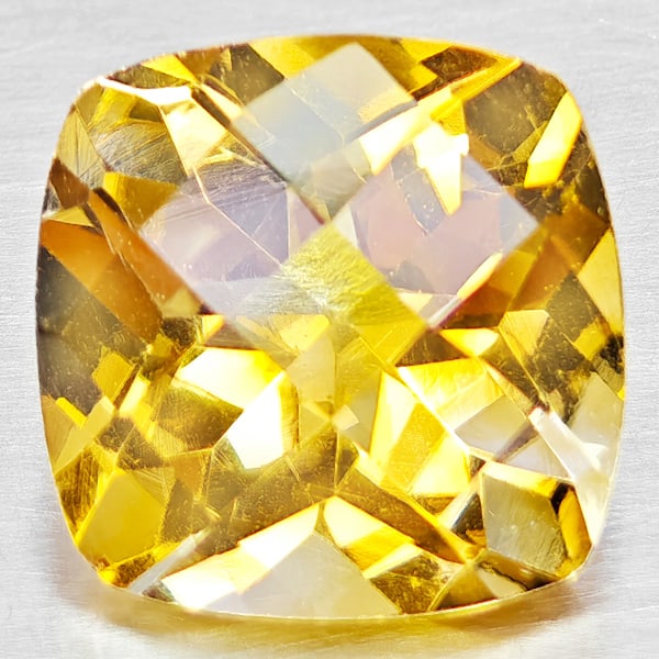 Natural Yellow Citrine Gemstones 3.97 Ct. Cushion Checkerboard Cut 10.2 x 10.1 Mm.: Product ID: 801815323 Product Name: Natural Citrine Weight: 3.97 CT. Size: 10.2 x 10.1 x 7 MM. Shape: Cushion Checkerboard Cut Color: Yellow Clarity:VVS - VSI Luster: Good Gems Origin: Brazil Treatmen