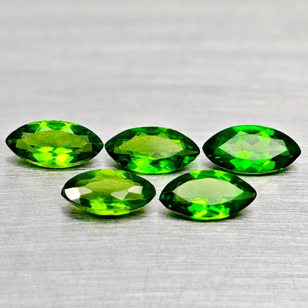 Natural Green Chrome Diopside Gemstones 1.31 Ct. 5 Pcs. Marquise Shape 6.2 x 3.2 Mm.: Product ID: 801608041 Product Name: Natural Chrome Diopside Weight: 1.31 CT. Size: 6.2 x 3.2 x 2.1 to 5.9 x 3.1 x 2.1 MM. Shape: Marquise Shape Color: Green Clarity:VSI - SI1 Luster: Good Gems Origin: