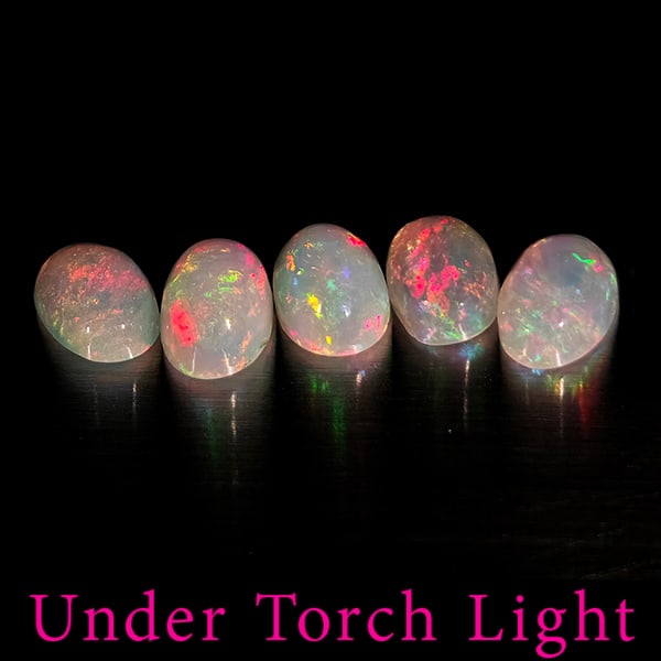 Natural Multi Color Opal Gemstones 1.63 Ct. 5 Pcs. Oval Cabochon Shape 6.2 x 4.2 Mm.: Product ID: 818728124 Product Name: Natural Opal Weight: 1.63 CT. Size: 6.2 x 4.2 x 3 MM. Shape: Oval Cabochon Color: Multi-Color Clarity:Semi - Transparent Luster: Good Gems Origin: Ethiopia Treatmen