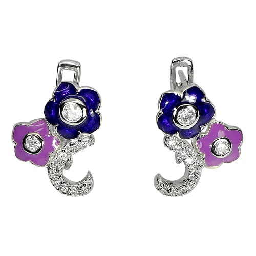 925 Sterling Silver Earrings 2.96 Grams Lovely Flower Enamel with White CZ (1 of 3)