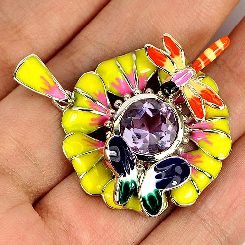 925 Sterling Silver Pendant Butterfly Dragonfly Enamel 8.58 G. Natural Amethyst (1 of 3)