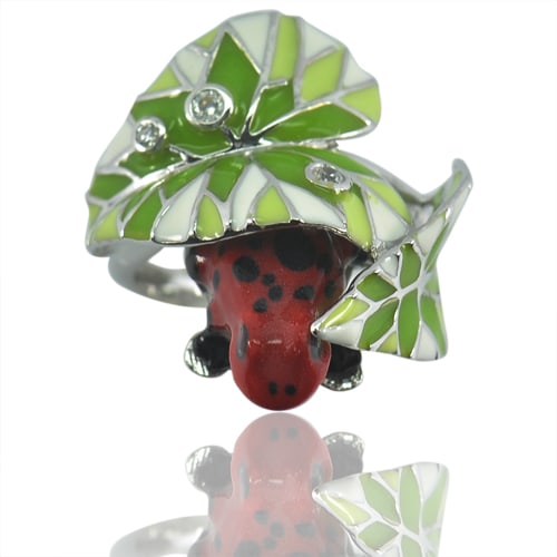 9.36 G. Red Frog and Green Leaf Enamel Real 925 Sterling Silver Ring Size 8 (1 of 3)
