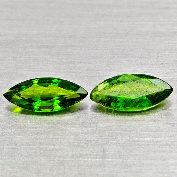 Natural Green Chrome Diopside Gemstones 1.26 Ct. 2 Pcs. Marquise Shape 9 x 4 Mm.: Product ID: 801608107 Product Name: Natural Chrome Diopside Weight: 1.26 CT. Size: 9 x 4 x 2.6 MM. Shape: Marquise Shape Color: Green Clarity:VSI - SI1 Luster: Good Gems Origin: Russia Treatment: Unhe