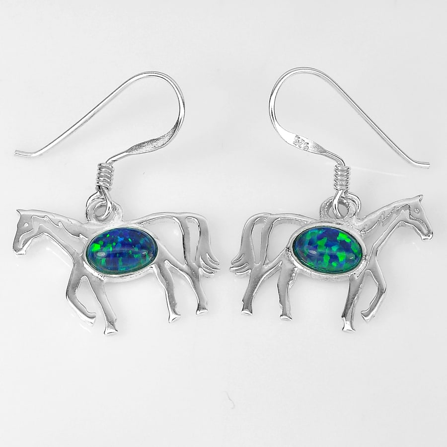1.84 G. 925 Sterling Silver Horse Dangle Earrings Multi Color Blue Created Opal: Product ID: 280220004 Product Type: 925 Sterling Silver Fine Jewelry Jewelry Weight: 1.84 Grams. Gemstones Color: Multi-Color Metal: Solid Silver 92.5%. Gemstone Detail: Average Range 1.75 - 1.95 Gram
