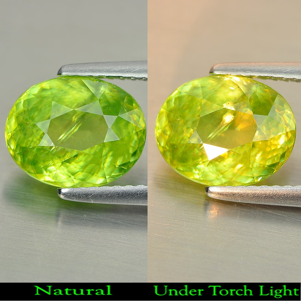 Natural Multi Color Titanium Sphene Gemstones Rainbow Spark 3.17 Ct. Oval Shape 10.2 x 8.2 Mm.: Product ID: 806507752 Product Name: Natural Sphene Weight: 3.17 CT. Size: 10.2 x 8.2 x 5 MM. Shape: Oval Color: Green Clarity:SI1 Luster: Adamantine Gems Origin: Madagascar Treatment: Unheated Crystal