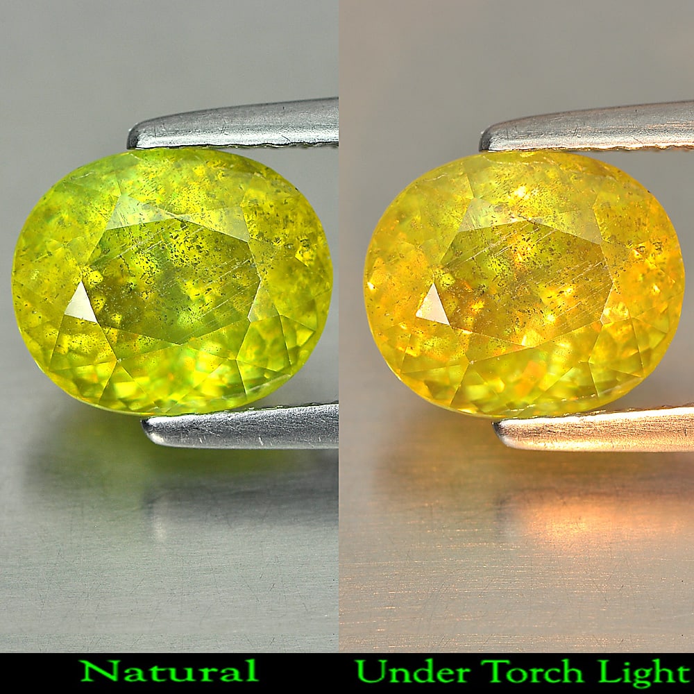Natural Green Titanium Sphene Gemstones With Rainbow Spark 2.71 Ct. Oval Shape 9 x 7.6 Mm.: Product ID: 806507816 Product Name: Natural Sphene Weight: 2.71 CT. Size: 9 x 7.6 x 5.3 MM. Shape: Oval Color: Green Clarity:SI1 Luster: Adamantine Gems Origin: Madagascar Treatment: Unheated Crystal 