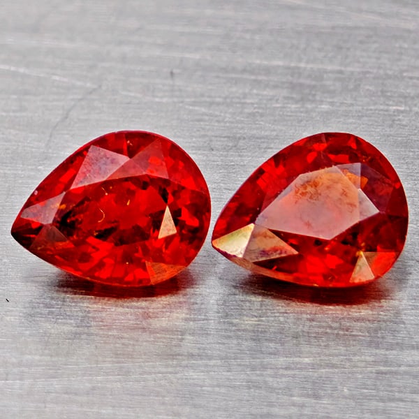 Natural Orangish Red Spessartine Garnet Gemstones 1.66 Ct. 2 Pcs. Pear Shape 6.4 x 5.2 Mm.: Product ID: 802937104 Product Name: Natural Garnet Weight: 1.66 CT. Size: 6.4 x 5.2 x 3 MM. Shape: Pear Shape Color: Orangish Red Clarity:VVS Luster: Good Gems Origin: Namibia Treatment: Unheated Crys