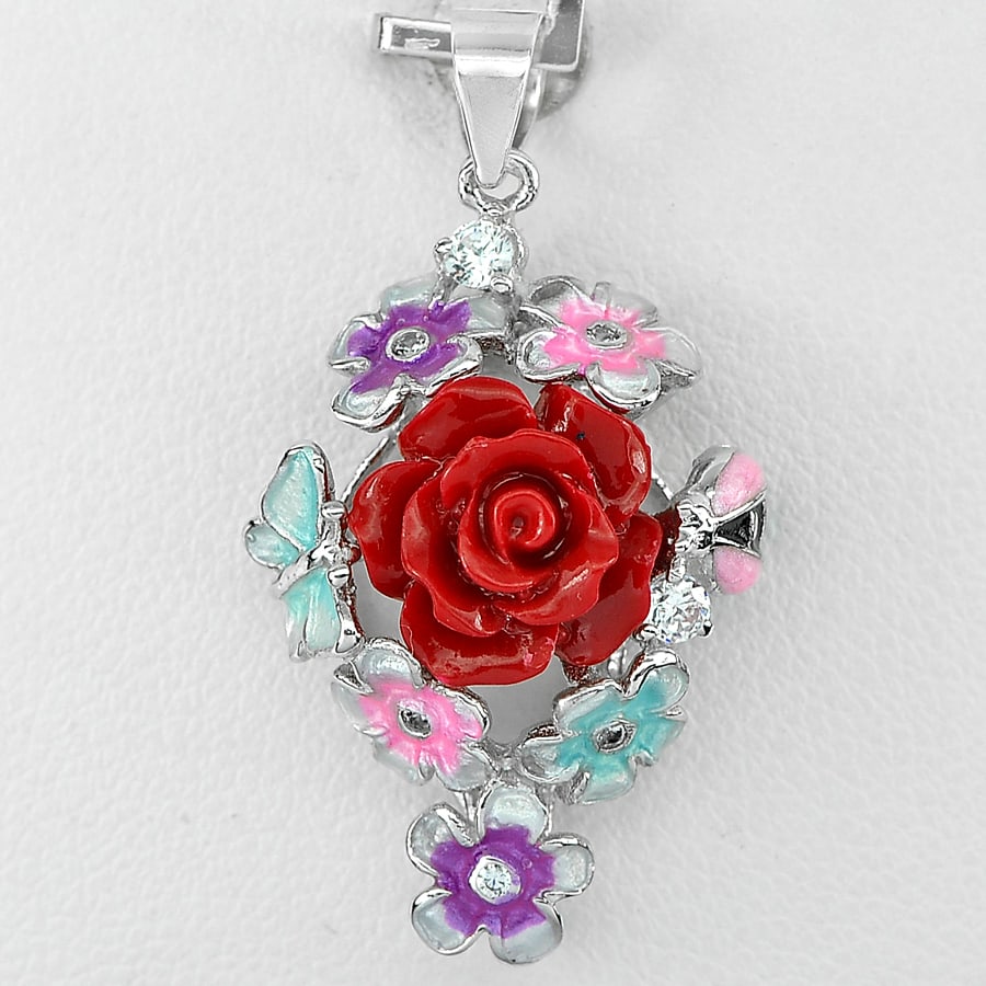 925 Sterling Silver 3.23 Grams Pendant Beautiful Red Flower Resin and Enamel (1 of 3)