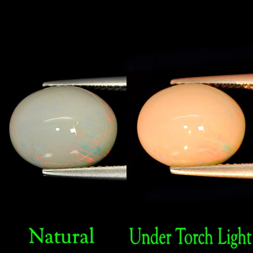 Natural Multi-Color Play Of Colour Opal Gemstones 4.23 Ct. Oval Cabochon Shape 12.5 x 10 Mm.: Product ID: 818723822 Product Name: Natural Opal Weight: 4.23 CT. Size: 12.5 x 10 x 7.1 MM. Shape: Oval Cabochon Color: Multi Color Clarity:Opaque Luster: Strong Iridescent Gems Origin: Ethiopia Treat