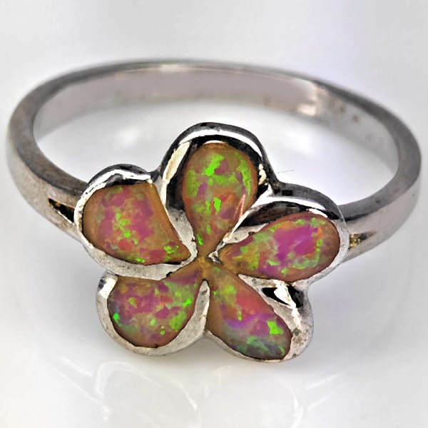 925 Sterling Silver Jewely with Pink Created Opal Inlay Flower Ring Size 9 (1 of 3)
