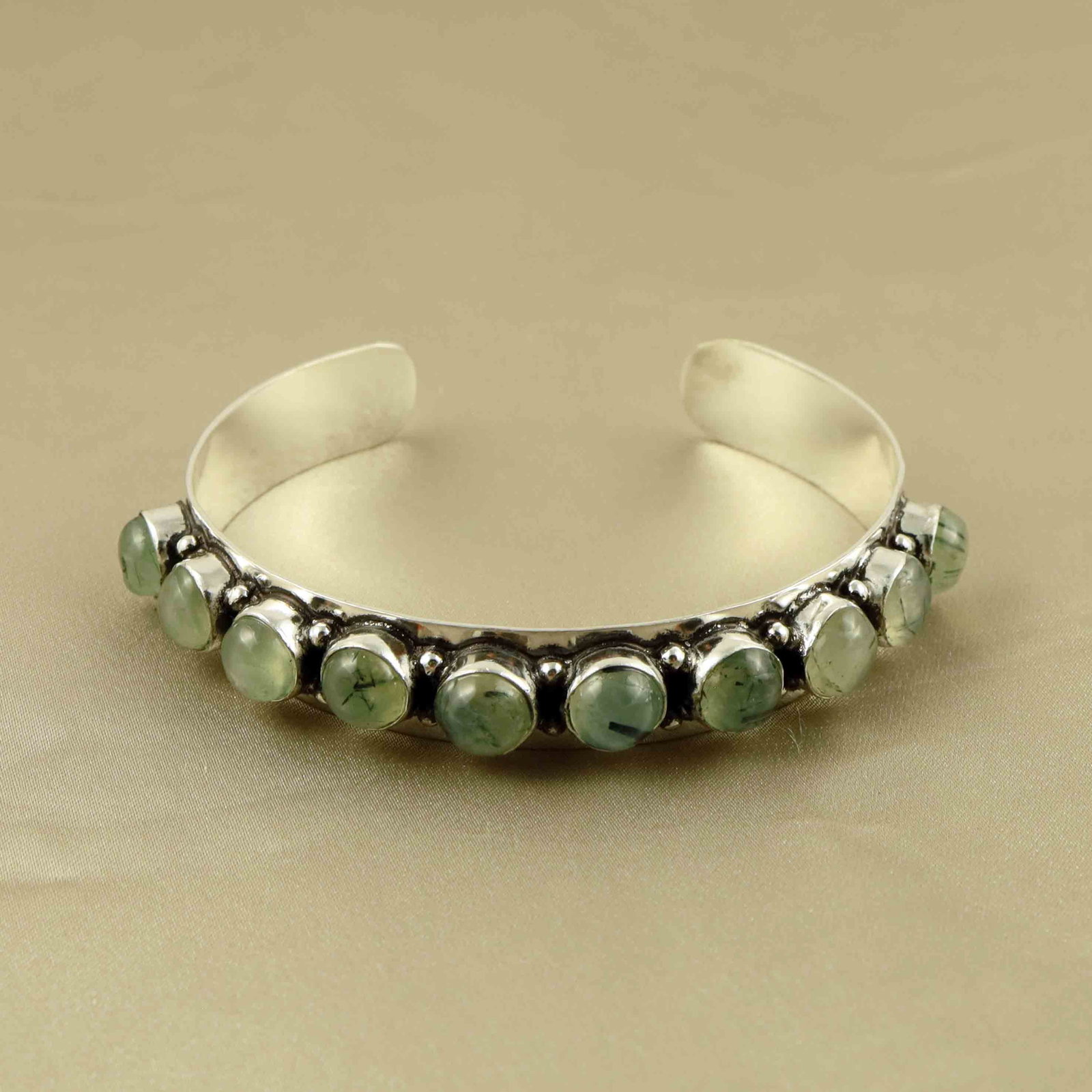 Natural Perhnite Silver Plated Handmade Cuff Bangle: Product ID: 260607181350 Product - Handmade Silver Plated Cuff Bangle Metal - 92.5 Sterling Silver Plated Bangle Size - 6.5x5.5 CM (Adjustable) Gemstone - Perhnite Gemstone Origin - South Africa Gemst