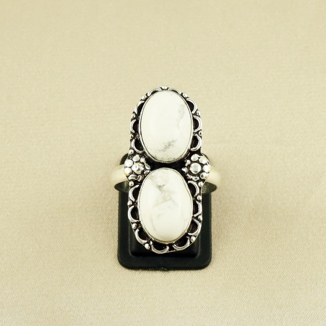 Natural Howlite Silver Plated Handmade Ring - 10MM: Product ID: 260609125042 Product - Handmade Silver Plated Ring Metal - 92.5 Sterling Silver Plated Ring Size - 10MM Gemstone - Howlite Gemstone Origin - Canada Gemstone Size - 10X14 MM ( 2 Stone ) Gem