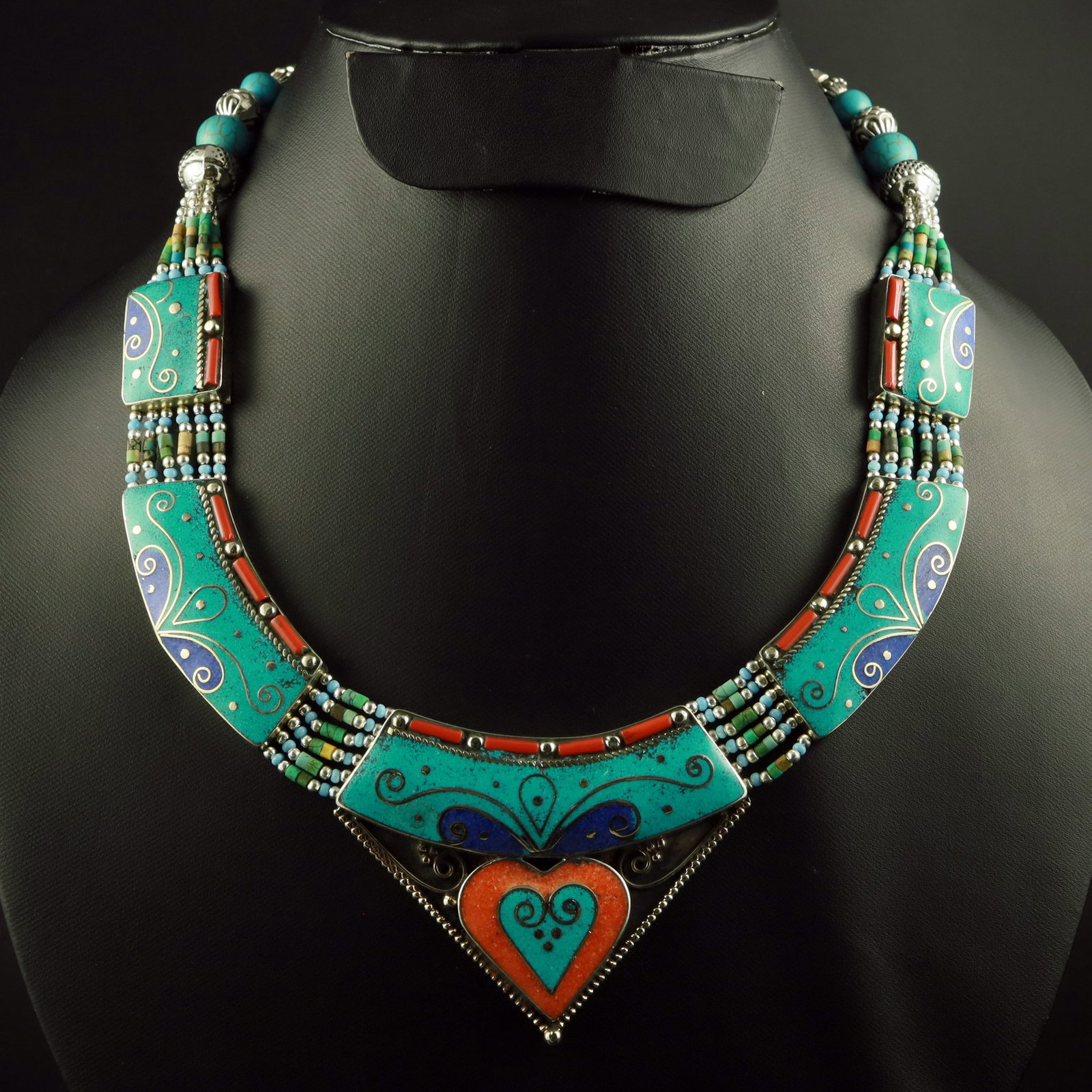 Tibetan Natural Turquoise & Coral Handmade Royal Necklace: Product ID: 260519121454 Product - Tibetan Handmade Ethnic Necklace Gemstone - Natural Turquoise & Coral & Lapis Lazuli Necklace Length - 18 Inch Necklace Weight - 135 Gram Approx Metal - Brass & Copp