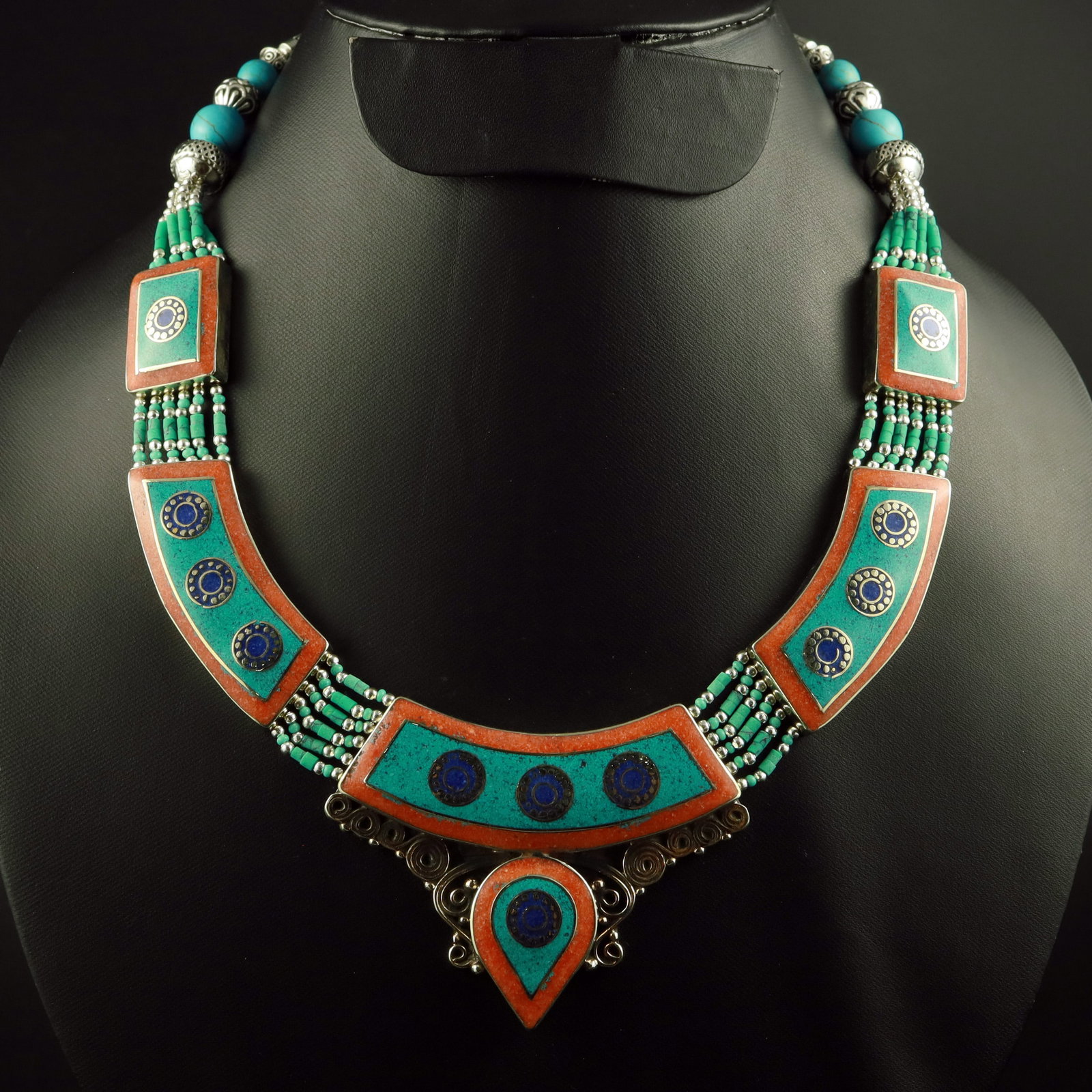 Tibetan Turquoise & Coral & Lapis Lazuli Handmade Bold Necklace: Product ID: 260519121218 Product - Tibetan Handmade Ethnic Necklace Gemstone - Natural Turquoise & Coral & Lapis Lazuli Necklace Length - 18 Inch Necklace Weight - 135 Gram Approx Metal - Brass & Copp