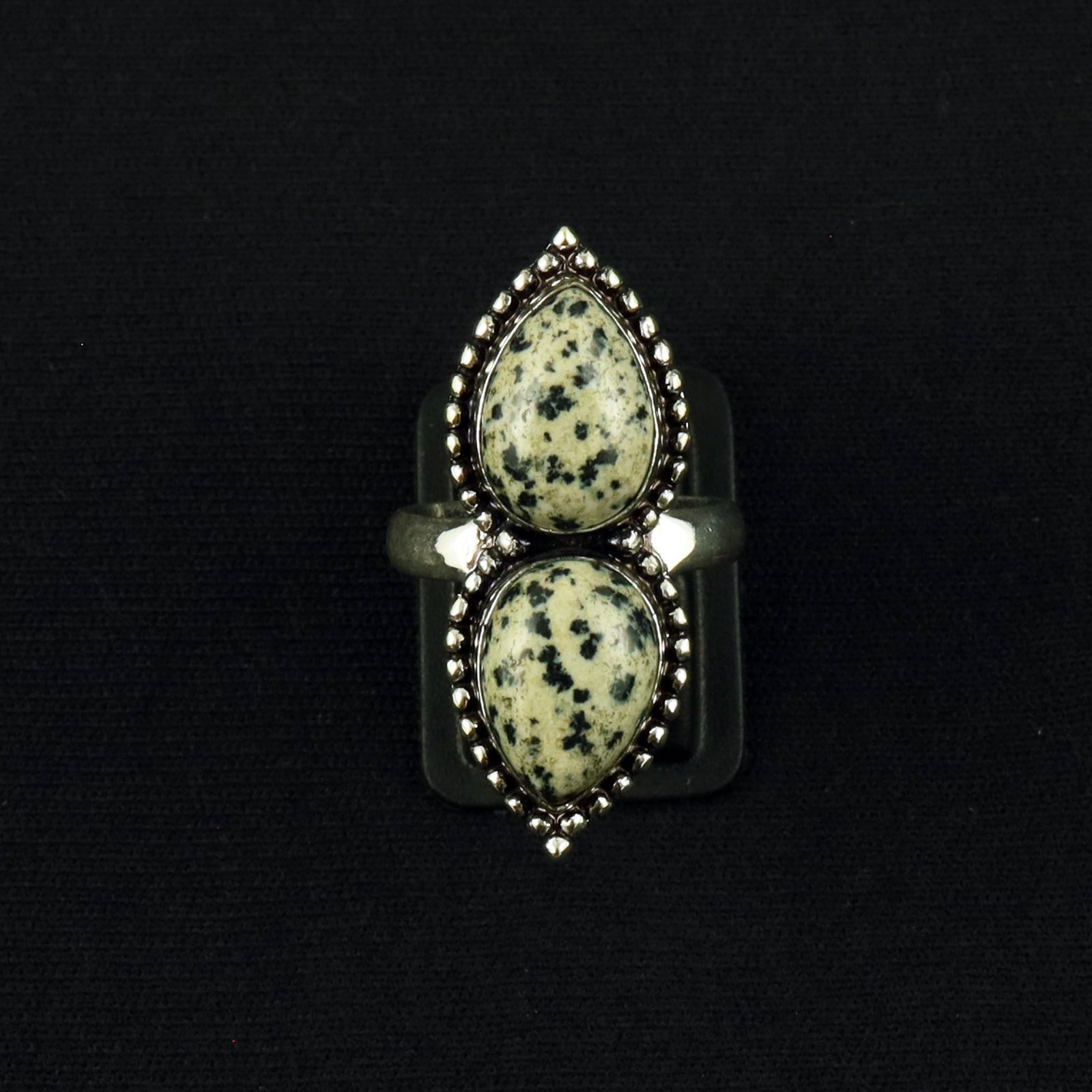 Natural Dalmatian Jasper Silver Plated Handmade Ring - 8MM: Product ID: 260610153142 Product - Handmade Silver Plated Ring Metal - 92.5 Sterling Silver Plated Ring Size - 8MM Gemstone - Dalmatian Jasper Gemstone Origin - Mexico Gemstone Size - 10X14 MM ( 2 Sto