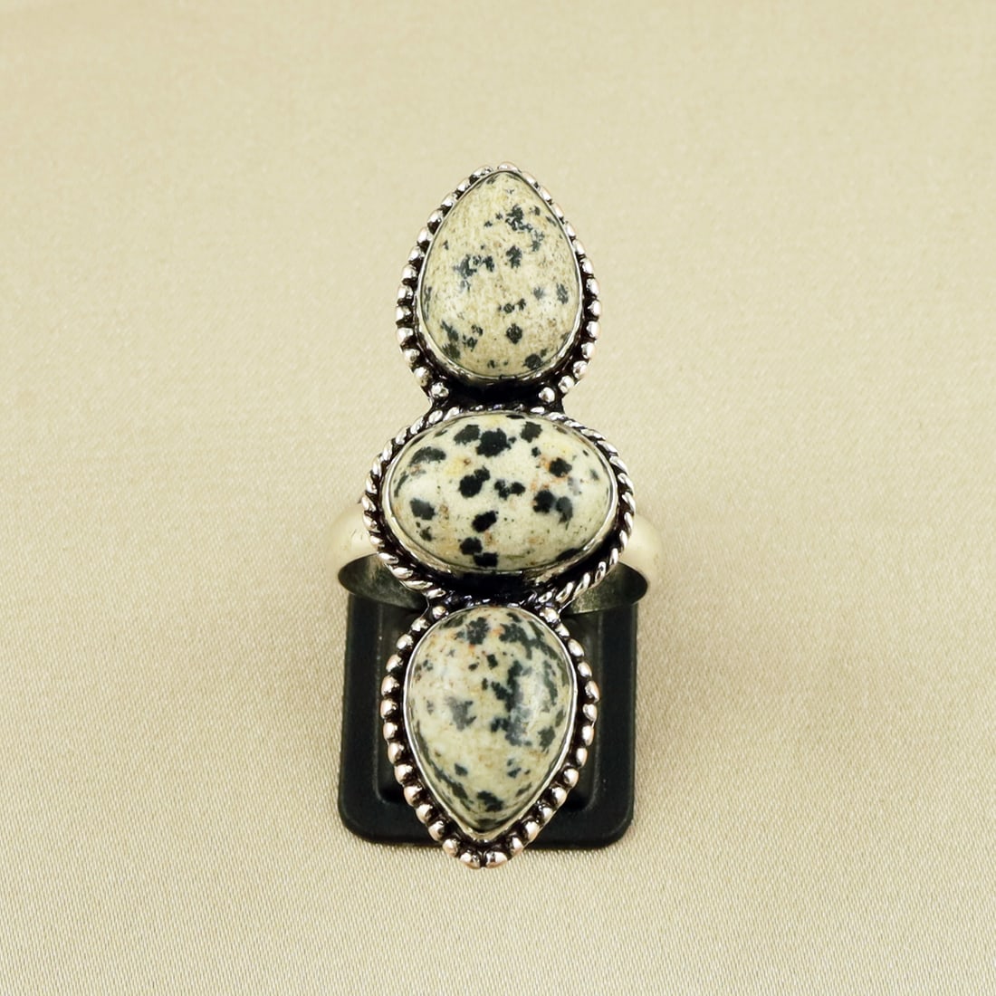 Natural Dalmatian Jasper Silver Plated Handmade Ring - 9MM: Product ID: 260609131027 Product - Handmade Silver Plated Ring Metal - 92.5 Sterling Silver Plated Ring Size - 9MM Gemstone - Dalmatian Jasper Gemstone Origin - Mexico Gemstone Size - 10X14 MM ( 3 Sto