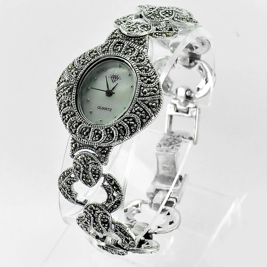 925 Sterling Silver 40.00 Grams Black Marcasite Watch Length 7.7 Inch. (1 of 3)