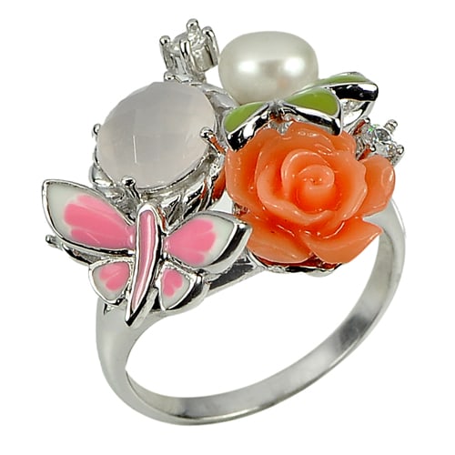 Natural White Pearl and Quartz Gemstones 925 Sterling Silver Ring Jewelry 7.91 Grams Size 9 (1 of 3)