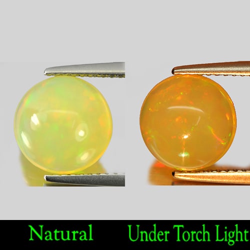 Natural Multi-Color Opal Gemstones 2.47 Ct. Round Cabochon Shape 9.8 Mm.: Product ID: 818712900 Product Name: Natural Opal Weight: 2.47 CT. Size: 9.8 x 9.8 x 5.7 MM. Shape: Round Cabochon Color: Multi Color Clarity:Semi - Transparent Luster: Good Gems Origin: Ethiopia Treat