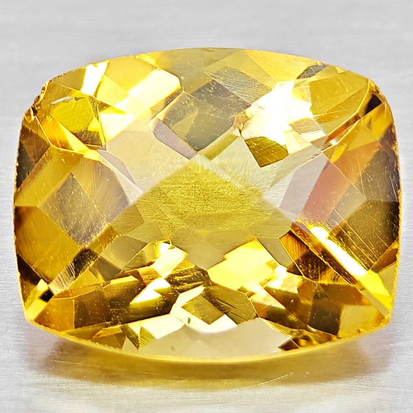 Natural Yellow Citrine Gemstones 2.52 Ct. Cushion Checkerboard Cut 10.1 x 8.2 Mm.: Product ID: 801815285 Product Name: Natural Citrine Weight: 2.52 CT. Size: 10.1 x 8.2 x 5.4 MM. Shape: Cushion Checkerboard Color: Yellow Clarity:VSI Luster: Good Gems Origin: Brazil Treatment: Unheat