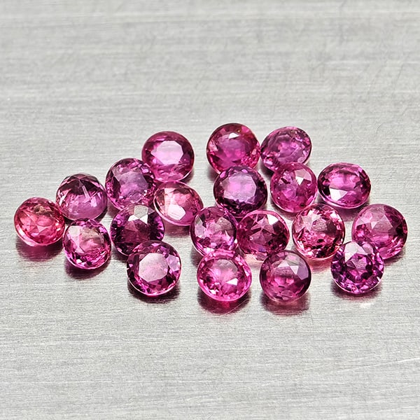 Natural Pinkish Red Ruby Gemstones 1.40 Ct. 20 Pcs. Round Shape 2.2 Mm.: Product ID: 805935368 Product Name: Natural Ruby Weight: 1.40 CT. Size: 2.2 x 2.2 x 1.5 MM. Shape: Round Color: Pinkish Red Clarity:VSI - SI1 Luster: Good Gems Origin: Thailand Treatment: Heated Cryst
